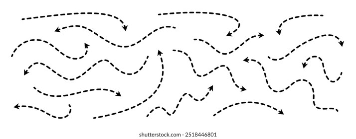 Setas pretas tracejadas definidas. Coleção de setas onduladas e pontilhadas curvas. Rabiscar ponteiros finos esboçados e linhas de direção. Contorno de feixes de elementos de design de faixa para folheto, cartaz, brochura. Vetor