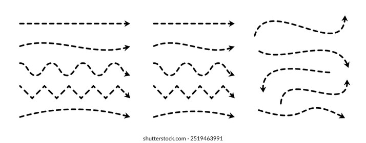 Setas pretas tracejadas definidas. Coleção de setas em ziguezague ondulado. Rabiscar ponteiros pontilhados esboçados e linhas de direção. Conjunto de elementos de design de faixa curvo e reto para folheto, cartaz, brochura. Vetor