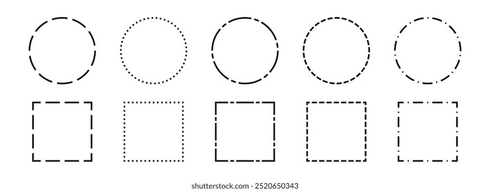 Black dashed frame collection. Dashed outline circle and square border set. Geometric dotted rectangular and round shape pack. Outline cut out element design bundle for poster, banner, flyer. Vector