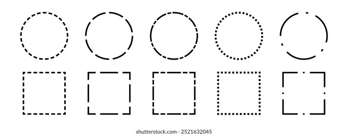 Coleção de quadros tracejados em preto. Círculo com contorno tracejado e conjunto de bordas quadradas. Pacote de forma geométrica pontilhada retangular e redonda. Contorno corte pacote de design de elemento para cartaz, banner, folheto. Vetor