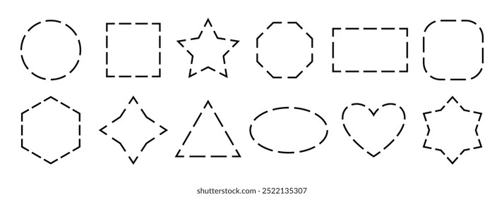 Coleção de quadros tracejados em preto. Conjunto de bordas geométricas de contorno tracejado. Pacote de forma pontilhada geométrica. Contorno corte pacote de design de elemento para cartaz, banner, folheto, folheto, folheto, livreto. Vetor