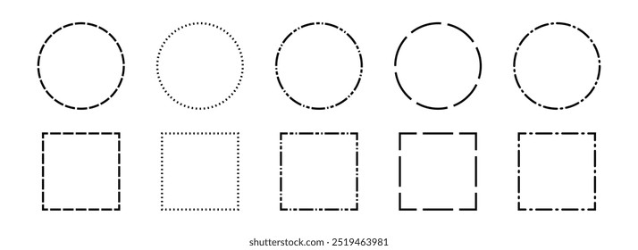 Conjunto de quadros tracejado preto. Coleção de contornos tracejados em círculo e borda quadrada. Pacote de forma geométrica pontilhada retangular e redonda. Contorno corte pacote de design de elemento para cartaz, banner, folheto. Vetor