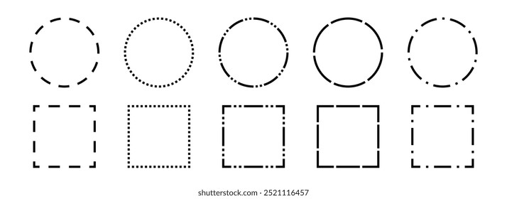 Coleção de quadros tracejados pretos. Círculo de contorno tracejado e bordas quadradas definidos. Contorno corte pacote de design de elemento para cartaz, banner, folheto. Pacote de forma geométrica pontilhada retangular e redonda. Vetor