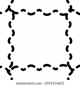 a black dashed geometric pattern forming a square shape with rounded and curved dash segments, creating a decorative and abstract design.