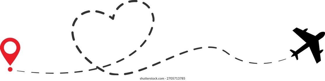 Eine schwarze gestrichelte Linie folgt der Flugbahn eines Flugzeugs und bildet eine Herzform, ausgehend von einem roten Positionsstift.