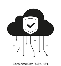 Black Data cloud icon in flat design. Data protection shield. Vector flat illustration.