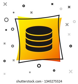 Black Database icon isolated on white background. Network databases, disc with progress bar. Backup concept. Yellow square button. Vector Illustration