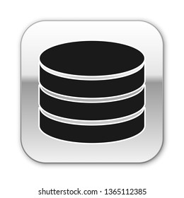 Black Database icon isolated on white background. Network databases, disc with progress bar. Backup concept. Silver square button. Vector Illustration