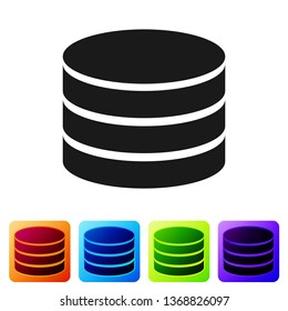 Black Database icon isolated on white background. Network databases, disc with progress bar. Backup concept. Set icon in color square buttons. Vector Illustration