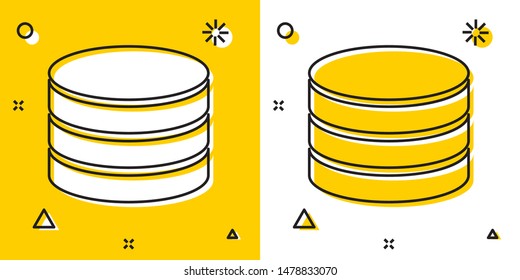 Black Database icon isolated on yellow and white background. Network databases, disc with progress bar. Backup concept. Random dynamic shapes. Vector Illustration