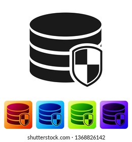 Black Database protection icon isolated on white background. Secure database icon. Set icon in color square buttons. Vector Illustration