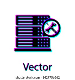 Black Database server with screwdriver and wrench icon isolated on white background.  