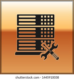 Black Database server with screwdriver and wrench icon isolated on gold background. Adjusting, service, setting, maintenance, repair, fixing.  Vector Illustration