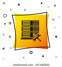 Black Database server with screwdriver and wrench icon isolated on white background. Adjusting, service, setting, maintenance, repair, fixing. Yellow square button. Vector Illustration