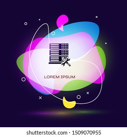 Black Database server with screwdriver and wrench icon on dark blue background. Adjusting, service, setting, maintenance, repair, fixing. Abstract banner with liquid shapes. Vector Illustration