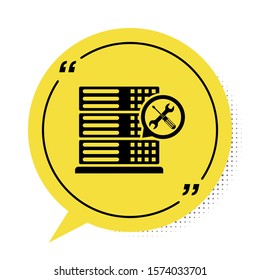 Black Database server with screwdriver and wrench icon isolated on white background. Adjusting, service, setting, maintenance, repair, fixing. Yellow speech bubble symbol. Vector Illustration