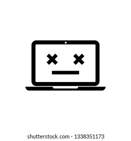 Black Dead laptop icon isolated on white background. 404 error like laptop with dead emoji. Fatal error in pc system. Vector Illustration