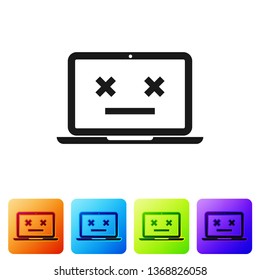 Black Dead laptop icon isolated on white background. 404 error like laptop with dead emoji. Fatal error in pc system. Set icon in color square buttons. Vector Illustration