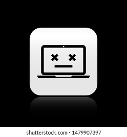 Black Dead laptop icon isolated on black background. 404 error like laptop with dead emoji. Fatal error in pc system. Silver square button. Vector Illustration