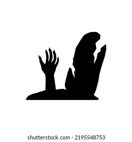 Black dead mans hand sticking out of grave silhouette. Creepy zombie with clawed fingers is selected from broken vector tombstone