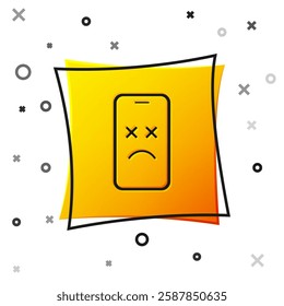 Black Dead mobile icon isolated on white background. Deceased digital device emoji symbol. Corpse smartphone showing facial emotion. Yellow square button. Vector