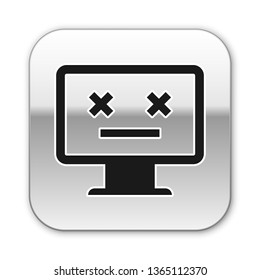 Black Dead monitor icon isolated on white background. 404 error like pc with dead emoji. Fatal error in pc system. Silver square button. Vector Illustration