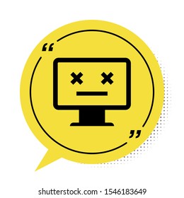 Black Dead monitor icon isolated on white background. 404 error like pc with dead emoji. Fatal error in pc system. Yellow speech bubble symbol. Vector Illustration