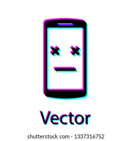 Black Dead phone icon isolated on white background. Deceased digital device emoji symbol. Corpse smartphone showing facial emotion. Vector Illustration