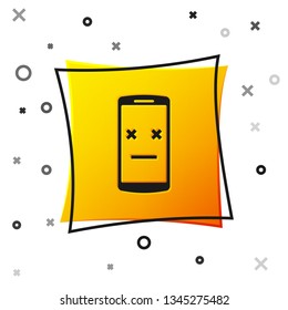 Black Dead phone icon isolated on white background. Deceased digital device emoji symbol. Corpse smartphone showing facial emotion. Yellow square button. Vector Illustration