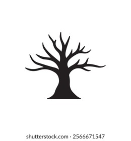 Black Dead Tree Silhouette Isolated. Dead trees vector icon. Death trees in winter season silhouette. Dead Tree without Leaves Illustration Sketched,