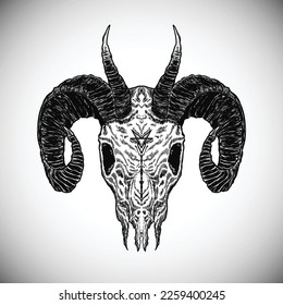Black Death Goat Skull Horned Horror Satan Dark Artwork Detailed Realistic Vector Illustration
