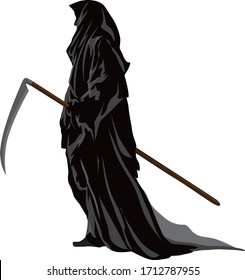 Black death walking with scythe. Vector illustration isolated on white background.