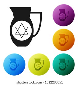 Black Decanter with star of david icon isolated on white background. Pottery jug. Organic product in carafe. Set icons colorful circle buttons. Vector Illustration