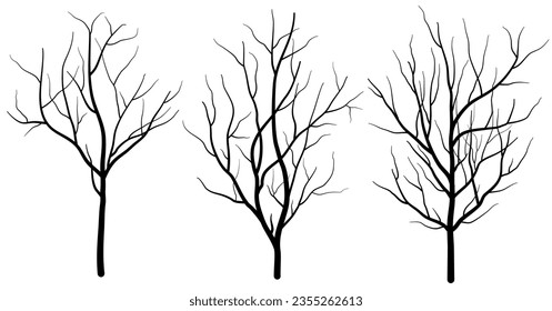 Black deciduous tree collection. Set of dead tree