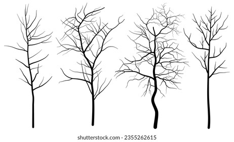 Black deciduous tree collection. Set of dead tree