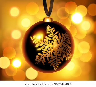 Black decoration ball on beautiful golden bokeh background - vector illustration.