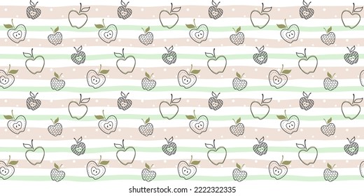 Black Decorative Apples With A Leaf On A Soft Striped Background With Dots. Endless Texture With Abstract Fruit. Vector Seamless Pattern For Wrapping Paper, Country Fair, Farm Market, Food Store, Shop