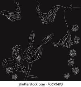 Black decorative background with fresia and narcissus flowers