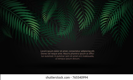 Black decorative background with tropical leaves. Vector tropical plants with black background. Luxury tropical design template