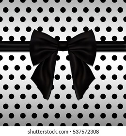 Black decorative bow Vector illustration Shiny satin black bow on white background with black polka dots Realistic style