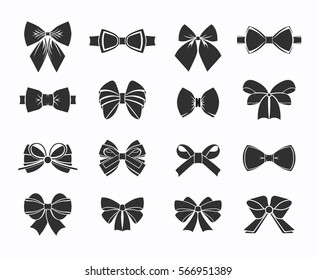 Black decorative bows icons set of different shapes on white background isolated vector illustration