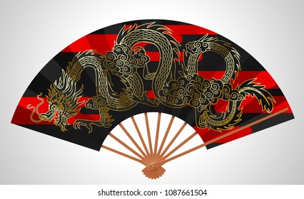 Black decorative Chinese open fan with gold linear flying dragon and clouds isolated on white. Vector illustration