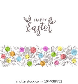 Black decorative eggs with colored circles, floral elements and lettering Happy Easter on white background, illustration.