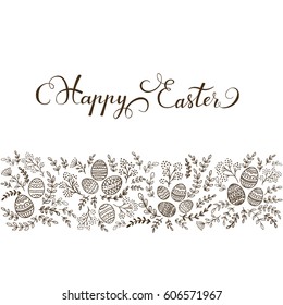 Black decorative eggs with floral elements and lettering Happy Easter on white background, illustration.
