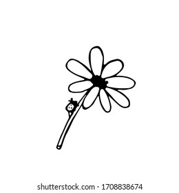 Black decorative flower with 
ladybug isolated on the white background. Simple vector illustration for print, T-Shirt, bag. Natural eco emblem. Nature floral logo.