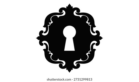 A black, decorative frame features a keyhole; its striking silhouette and ornate details are distinctive.