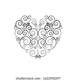 Black decorative heart on white background sign. Symbol linked, join, love, passion and wedding. Template for t shirt, apparel, poster, valentine day. Design element. Vector illustration