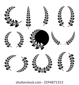 Black decorative laurel frame made of carved leaves and fruits. Botanical element for label, coat of arms, emblem in culinary or victory, packaging, card, invitation, corporate identity, competition