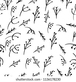 black decorative black leafs pattern. seamless floral pattern with leaves. Hand drawn botanical seamless pattern with herbs on light background.