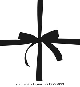 Black decorative narrow laconic bow with ribbon, hand drawn element for gift card, square isolated silhouette on transparent background for gift, present, birthday, wedding. Flat vector EPS10